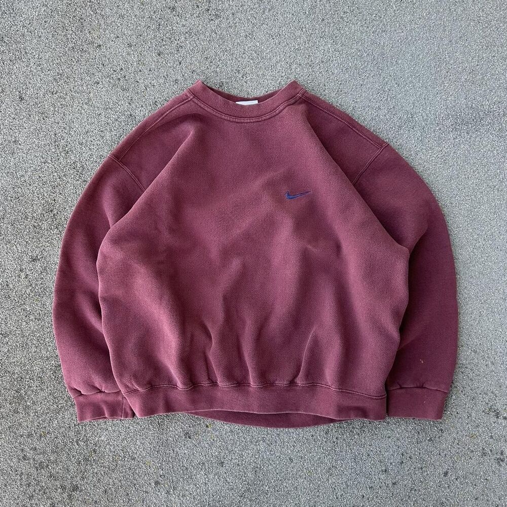 90s Vintage Nike Made in USA Sweater Crewneck Burgundy Navy Swoosh Size Large